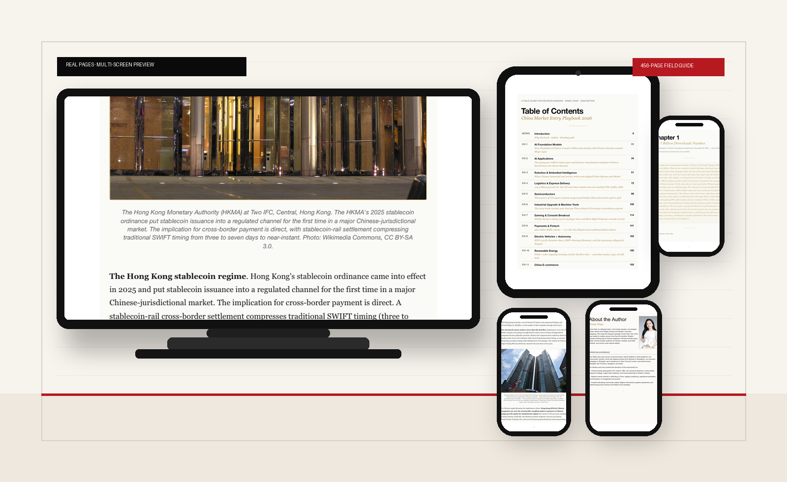 Pages from the China Market Entry Playbook shown on a desktop, tablet and phone: table of contents, an industry chapter, and the author page