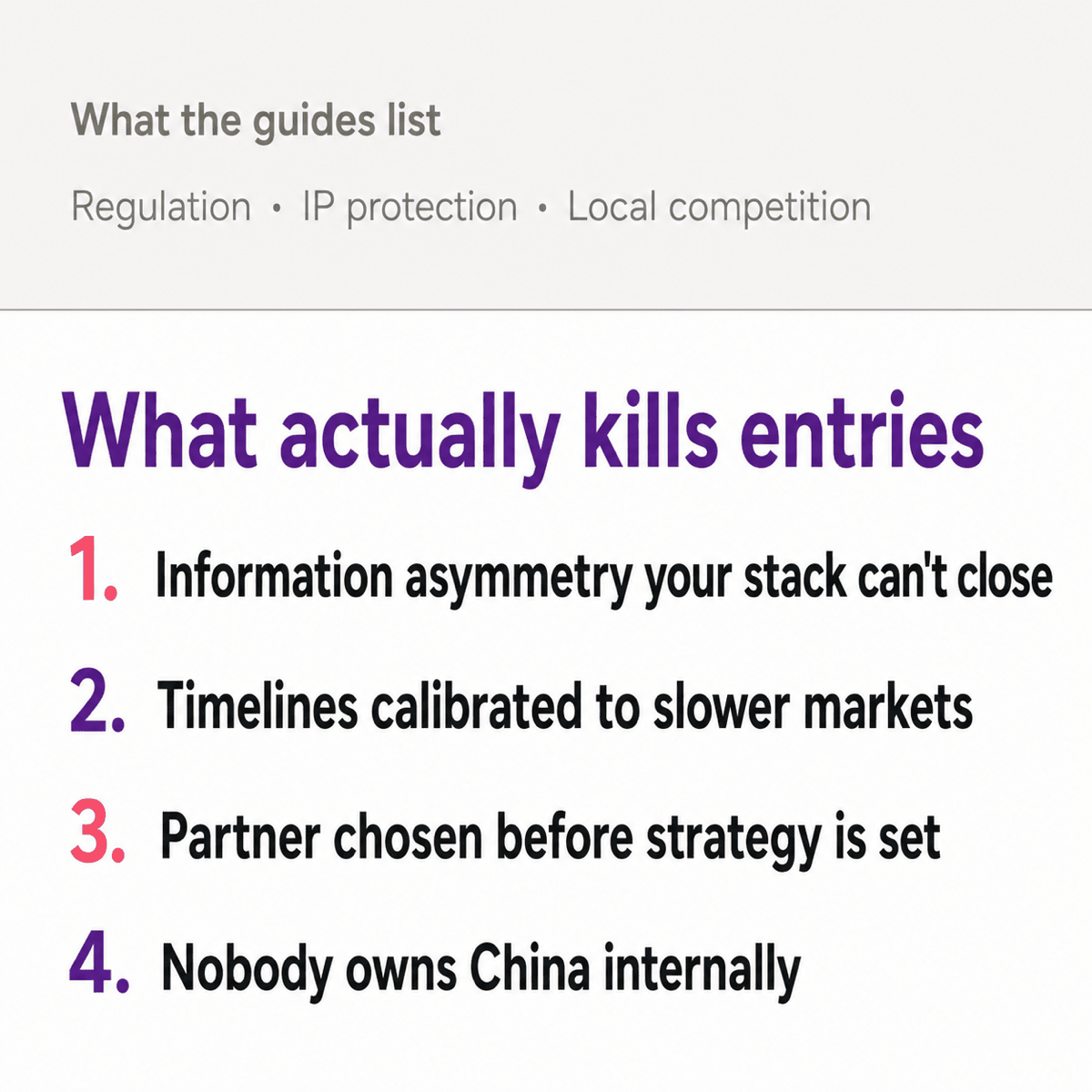 Comparison of commonly cited China market entry barriers against the four issues that most often derail entries in practice